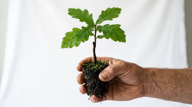 Hand Holding Young Oak Tree Sapling Ready for Planting.