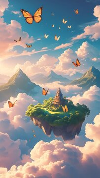 Floating fantasy island dreamy butterflies clouds paradise illustration images