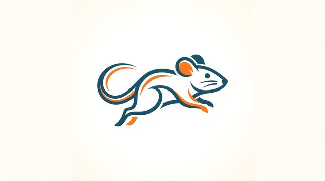Dynamic vector logo design of a stylized mouse jumping or running, featuring clean blue and orange minimalist lines isolated on a bright background