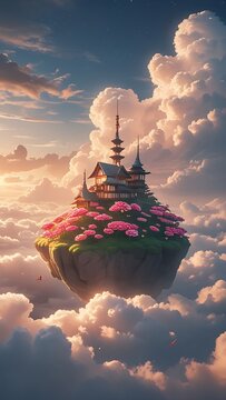 Floating island japanese pagoda fantasy castle sky hd images