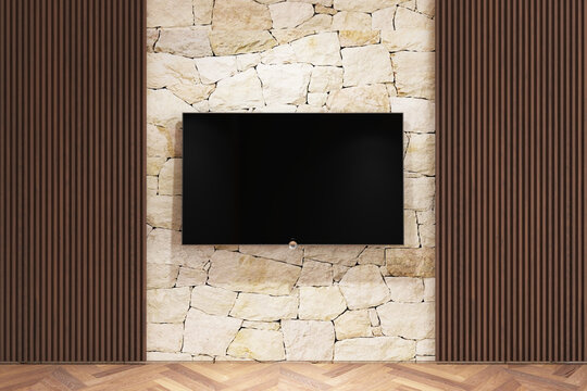 Modern smart TV mockup on stone feature wall with wooden slats. 5