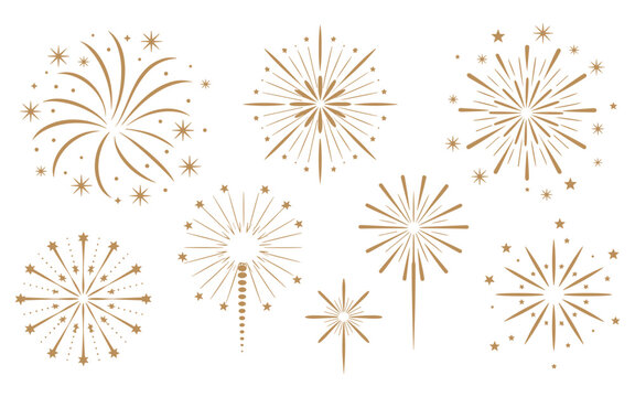 Collection of gold fireworks and starburst on a white background, for new year, eve celebration and festive