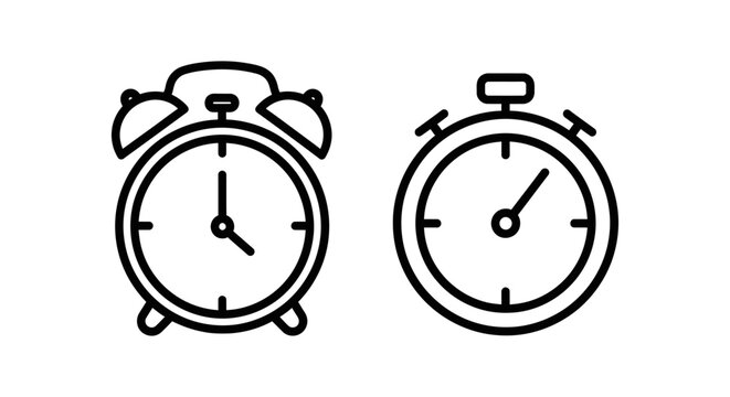 Classic alarm clock and stopwatch timer icons for time management with stopwatch management deadline schedule countdown measurement punctuality business planning duration precision