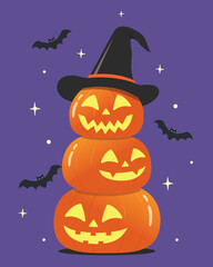 Fototapeta premium Cute halloween pumpkin with bats, Happy halloween vector illustration.