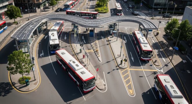 Busy metropolitan bus interchange with multiple vehicles navigating complex roads and elevated walkways