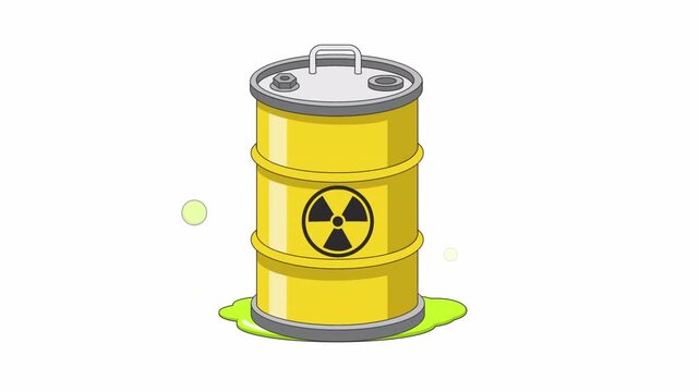 Radioactive waste barrel leaking glowing toxic liquid, looping animation on white & transparent background, representing nuclear hazard, environmental pollution, chemical contamination,  safety risks.
