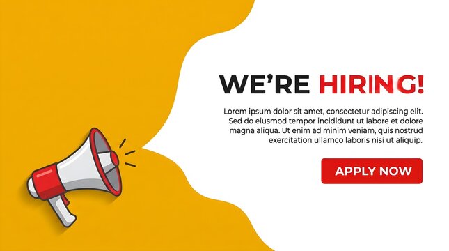 We're Hiring Banner Template: Modern Job Recruitment Announcement with Megaphone and Apply Now Button
