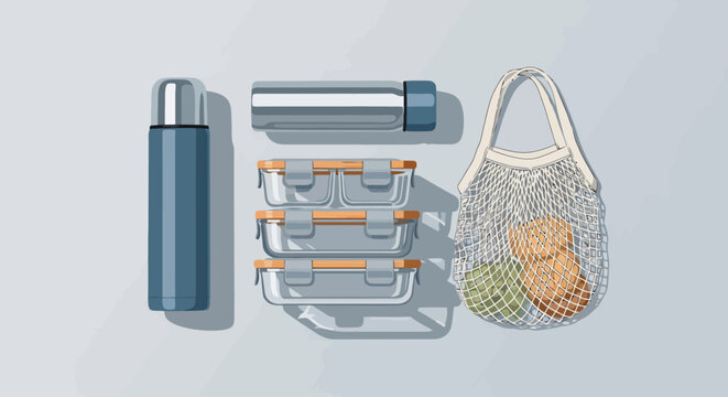 Zero waste lifestyle items with food containers and reusable net bag