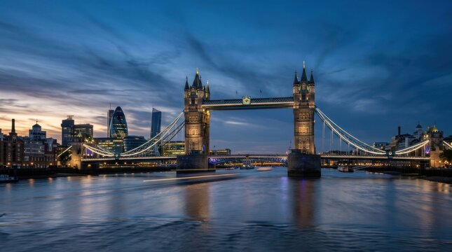 Iconic Tower Bridge Illuminated at Dusk Over the River Thames in London.