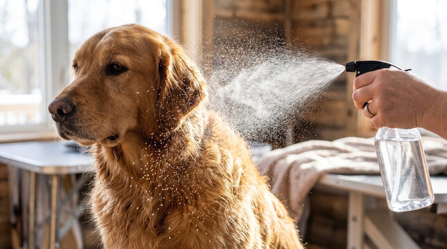 Golden Retriever Receiving Grooming Spray in Cozy Pet Grooming Space for Pet Care Websites, Animal Blogs, Grooming Tips, and Social Media Pet Content