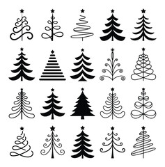 Obraz premium さまざまな黒いクリスマスツリーのシルエットコレクション