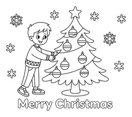 雪の結晶が舞う中でクリスマスツリーを飾る陽気な少年