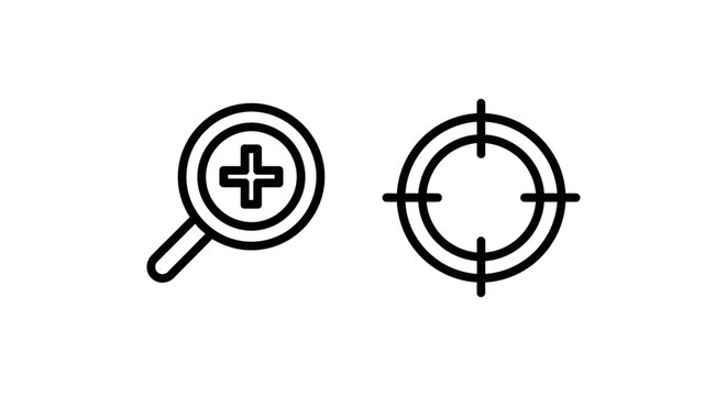 Magnifying glass zoom icon and precision target focus symbol with magnifying crosshair precision pictogram interface navigation technology magnification accuracy isolated