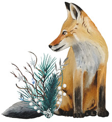 Obraz premium Hand drawn fox cub. Winter woodland baby animals clipart. Watercolor illustration.
