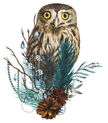 Obraz premium Hand drawn owl. Winter woodland animals clipart. Watercolor illustration.