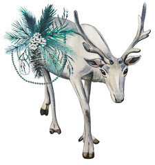 Obraz premium Hand drawn white reindeer. Winter woodland animals clipart. Watercolor illustration.