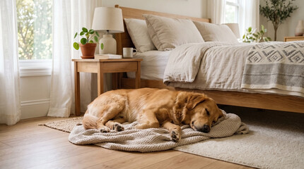 Obraz na płótnie Canvas Golden retriever dog peacefully sleeping on blanket in bright, cozy bedroom for pet blogs, home interior design websites, animal care content, and bedroom lifestyle marketing.
