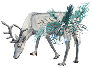 Obraz premium Hand drawn white reindeer. Winter woodland animals clipart. Watercolor illustration.