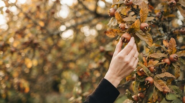 Woman hand picking ripe medlar fruit from tree in autumn orchard for harvest concept
