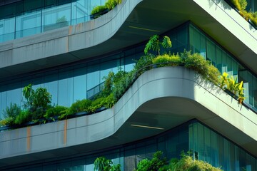 Obraz premium Eco-friendly building. Sustainable office building with garden on balconies for reducing carbon dioxide. Office building with green environment. Corporate building reduce CO2. Net zero building.