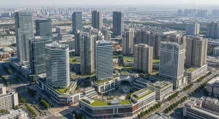 Obraz premium Expansive modern urban cityscape with towering skyscrapers and contemporary architecture under a clear sky