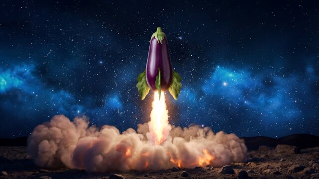 Purple eggplant rocket ship blasting off into the deep space cosmos