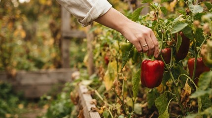 Fototapeta premium Woman harvesting fresh organic red bell pepper in home garden during autumn harvest season for healthy cooking