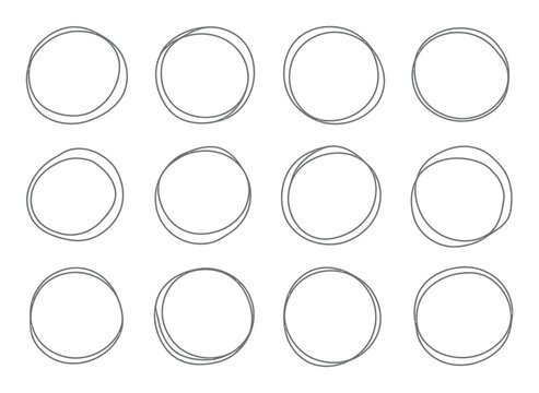 質感のある輪郭を持つ手描きの不完全な円12個のグリッド