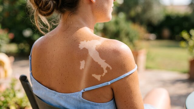 Woman with Italy map shape sunburn tan line on shoulder outdoors