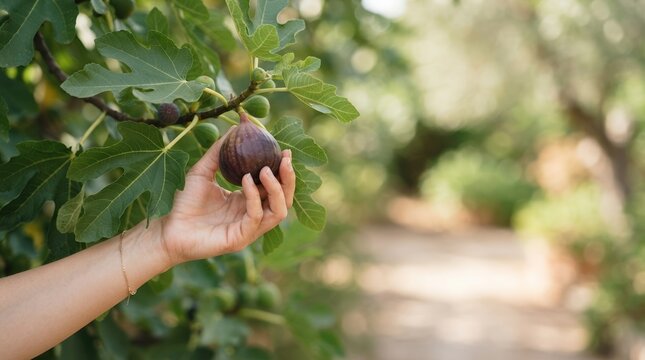 Hand picking a ripe purple fig from a tree in a sunny orchard for organic farming and healthy food harvest concept