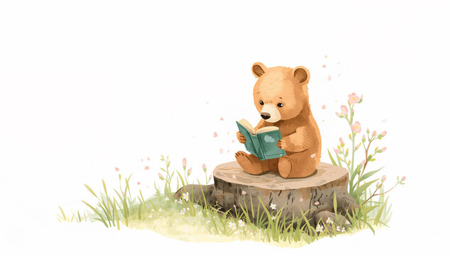 春の森で本を読むクマの子どもの水彩イラスト