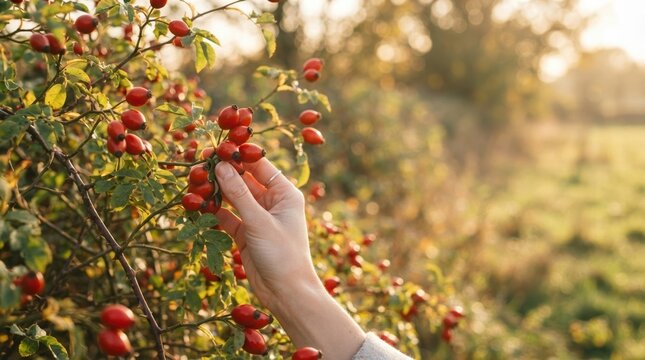Woman hand picking wild rosehips from bush in autumn garden for herbal tea and natural vitamin C supplement harvest