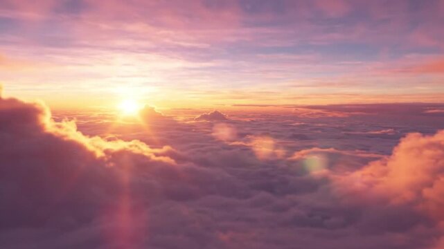 Masterpiece quality cinematic sunset sky with endless colorful clouds drifting slowly beneath golden hour sunlight glowing cloud edges rich orange amber pink and lavender atmosphere photorealistic env
