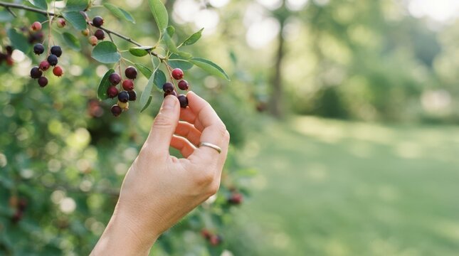 Woman Picking Fresh Serviceberries from Bush in Summer Garden for Healthy Organic Foraging and Sustainable Living