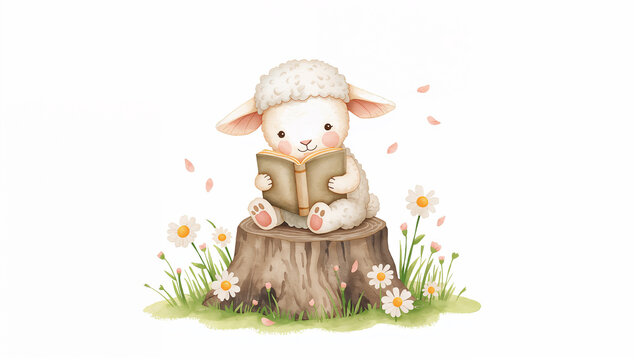 春のデイジーに囲まれて本を読む子羊の水彩イラスト