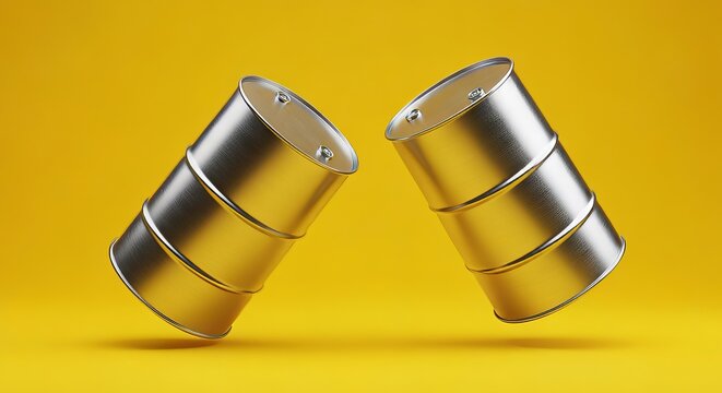 Front view of silver oil barrels floating on yellow background   oil industry concept in 3d render