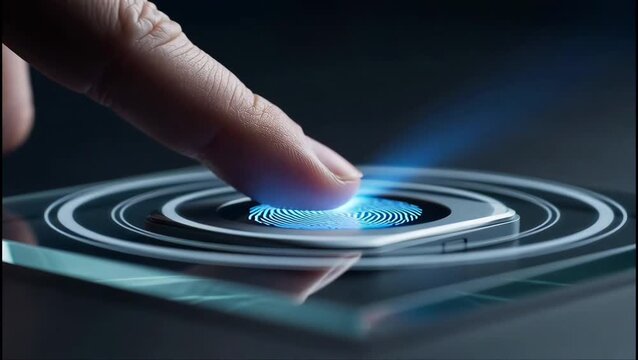Close up of a human finger scanning on a biometric fingerprint sensor with a futuristic blue HUD interface for security access