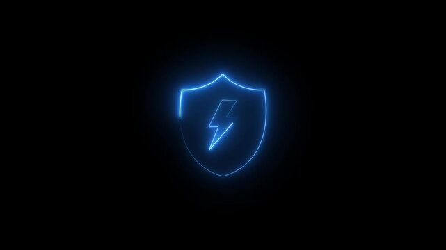 neon blue shield with lightning bolt icon animation. cybersecurity data protection and network safety concept 4k