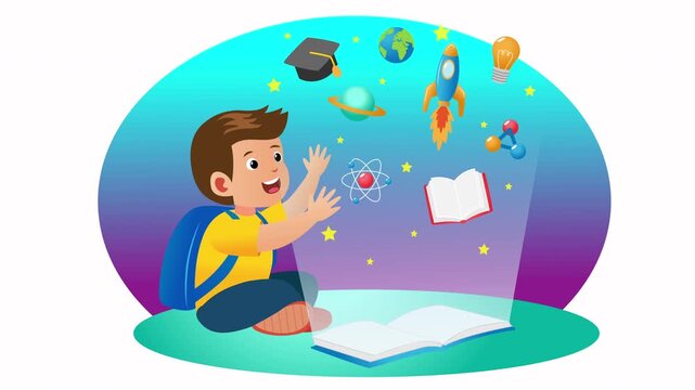 Animated child reading a magical book with floating science, space, education, and creativity icons. Perfect motion graphic for education, e-learning, school, imagination, knowledge, and kids content.