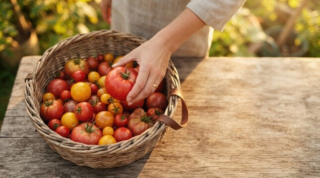Woman picking fresh heirloom tomatoes from a rustic wicker basket on a wooden table in a sunny garden