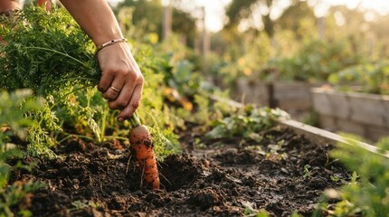 Fototapeta premium Woman harvesting fresh organic carrot from soil in home garden, sustainable farming and healthy eating concept