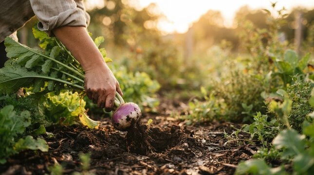 Mature woman harvesting fresh organic turnip from soil in sunny vegetable garden for sustainable farm to table lifestyle