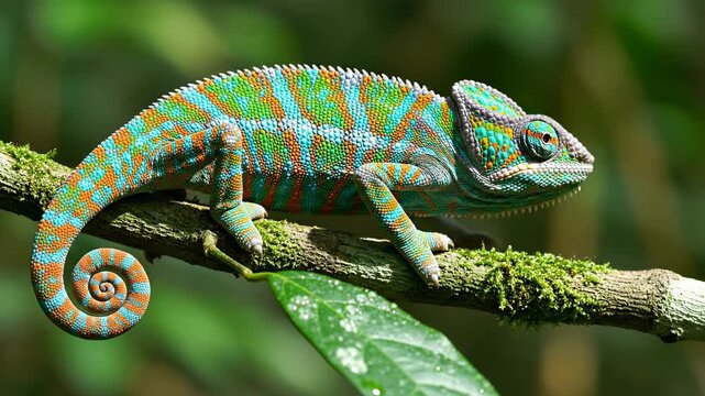 A vibrant green and orange panther chameleon perches steadily upon a mossy tree branch within the lush tropical rainforest while displaying its complex scaly textures and curled prehensile tail