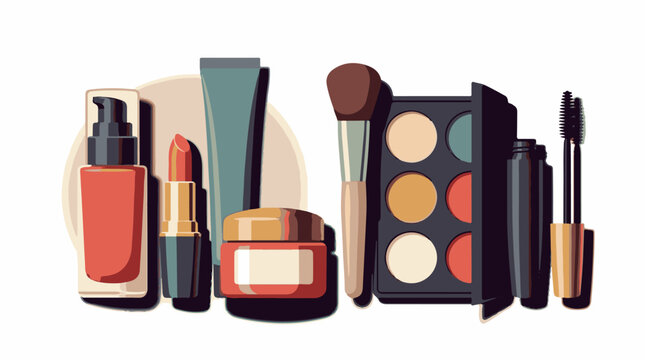 A collection of makeup products including foundation lipstick eyeshadow and mascara