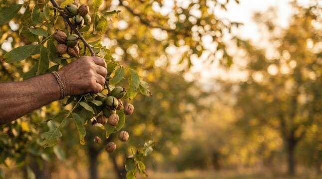 Senior man harvesting fresh walnuts from tree in autumn orchard, organic farming and sustainable agriculture concept