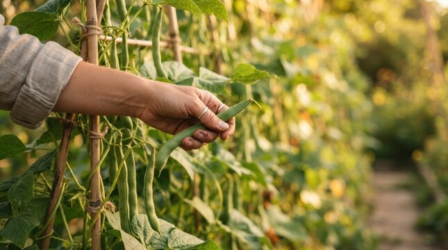 Woman harvesting fresh green beans from trellis in organic vegetable garden at sunset for sustainable farm to table lifestyle