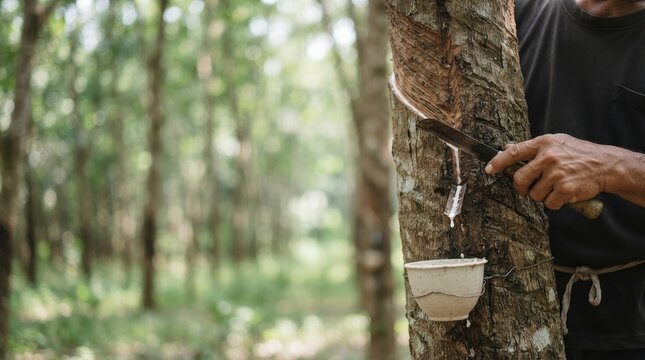 Asian Farmer Tapping Rubber Tree for Latex Harvest in Plantation, Sustainable Natural Rubber Production Industry