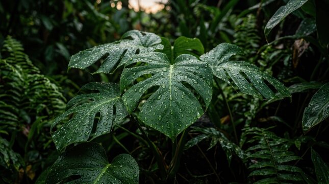 Lush Green Monstera Leaves with Water Droplets in Tropical Rainforest.