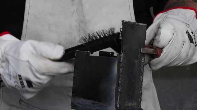 Close up of worker hands in gloves cleaning welded metal seam with a wire brush