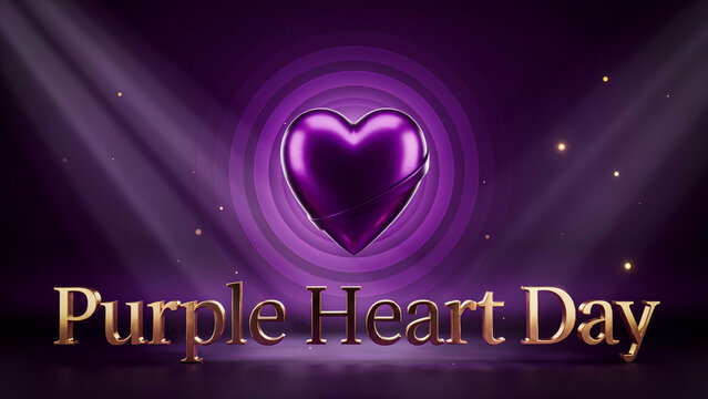 Purple Heart Day banner with gold text and heart symbol